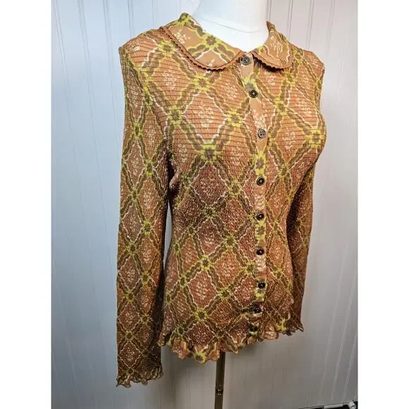 Free People Caught A Feeling Button Down Smocked Blouse Women's Size M New Retro - Picture 3 of 11